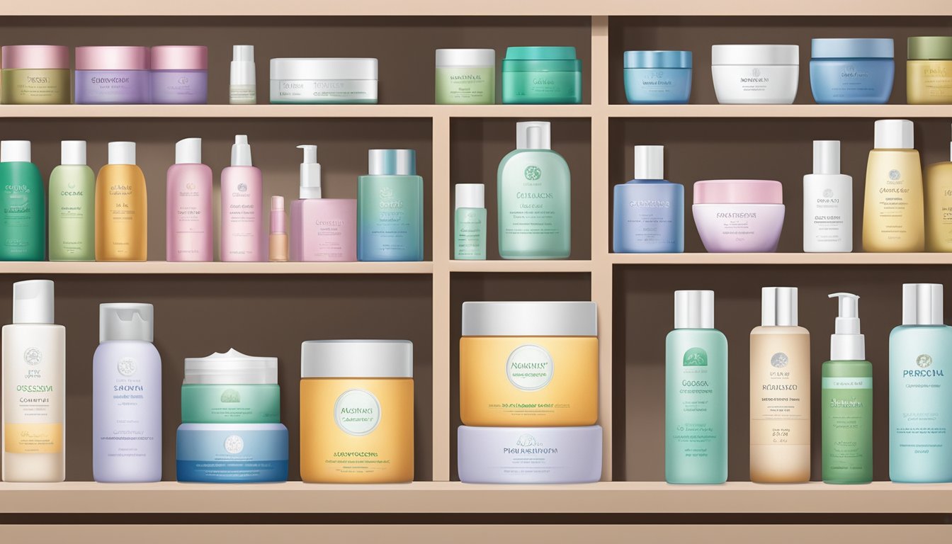 A variety of skin care products arranged neatly on a shelf with the brand name prominently displayed on each item