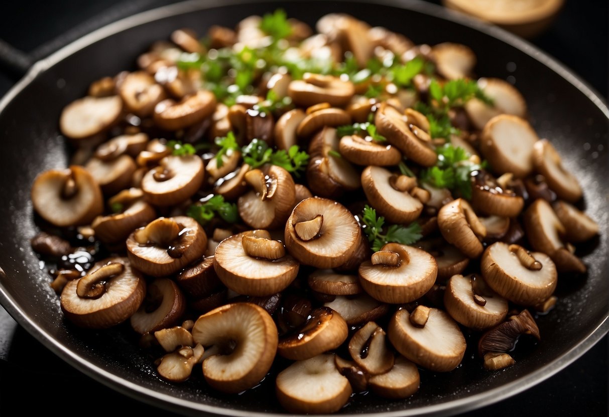 Fresh shiitake mushrooms being sliced and stir-fried in a Chinese wok with garlic, ginger, and soy sauce