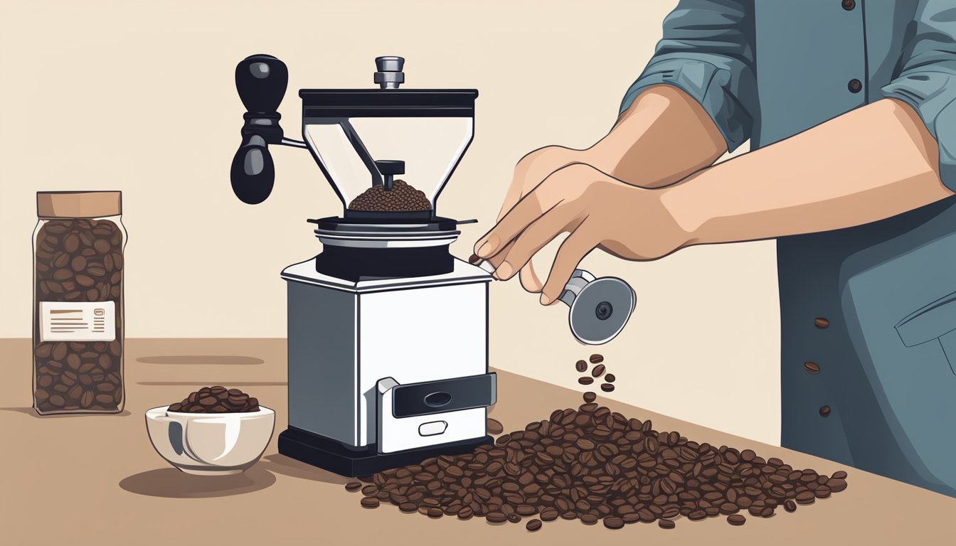 A hand reaches for a sleek coffee grinder on a clean, modern kitchen counter, next to a bag of freshly roasted coffee beans