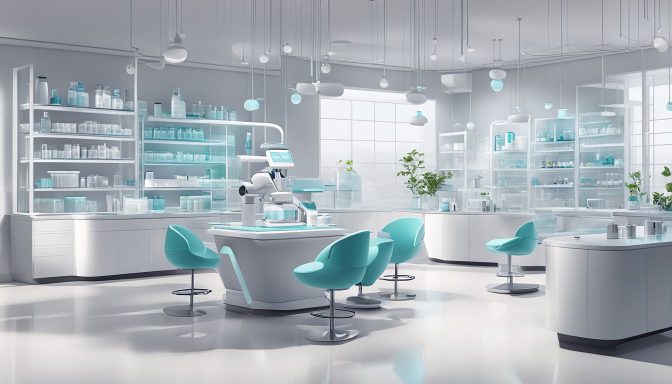 A sleek laboratory with modern equipment and minimalist branding for Elevating Skincare with Science and Style
