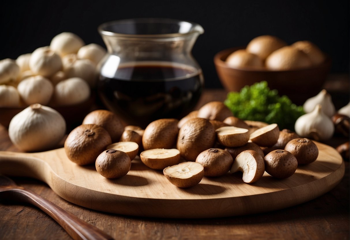Fresh shiitake mushrooms arranged on a wooden cutting board, surrounded by ingredients such as soy sauce, ginger, and garlic. A recipe book with Chinese characters is open next to the ingredients