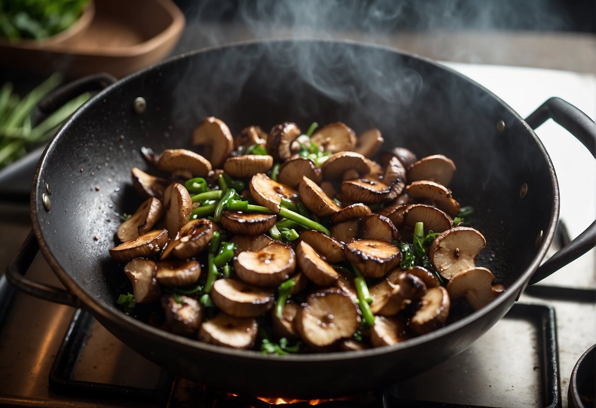 A wok sizzles as fresh shiitake mushrooms are stir-fried with Chinese seasonings. Steam rises from the sizzling pan, filling the air with savory aromas