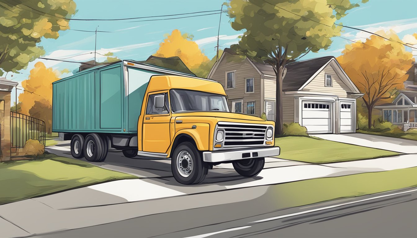 A hand clicks "Add to Cart" on a coffee grinder website. A delivery truck waits outside a home