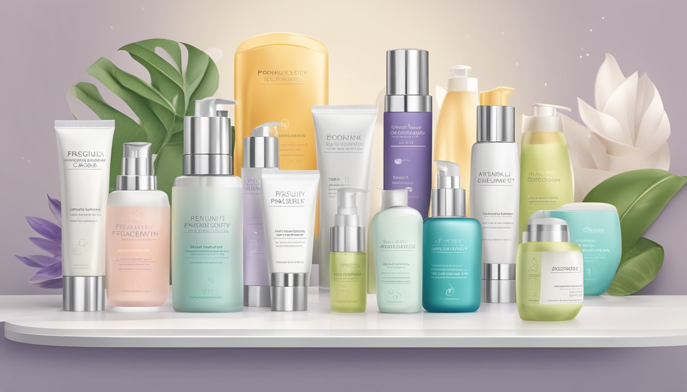 A display of skincare products with "Frequently Asked Questions" prominently featured. Brand logo and various product types visible