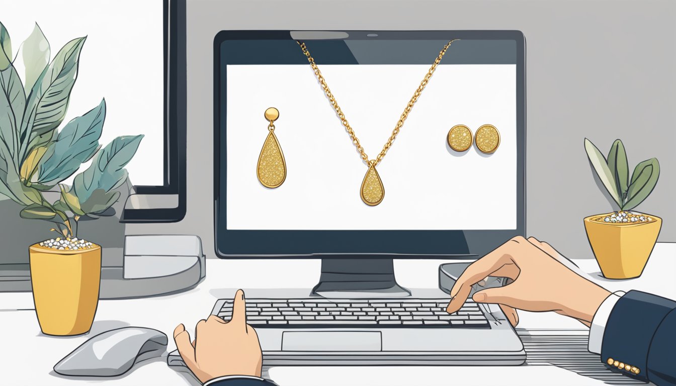 A hand reaches for a sparkling gold necklace and earring set displayed on a computer screen. The "buy now" button is highlighted with the option to pay in monthly installments