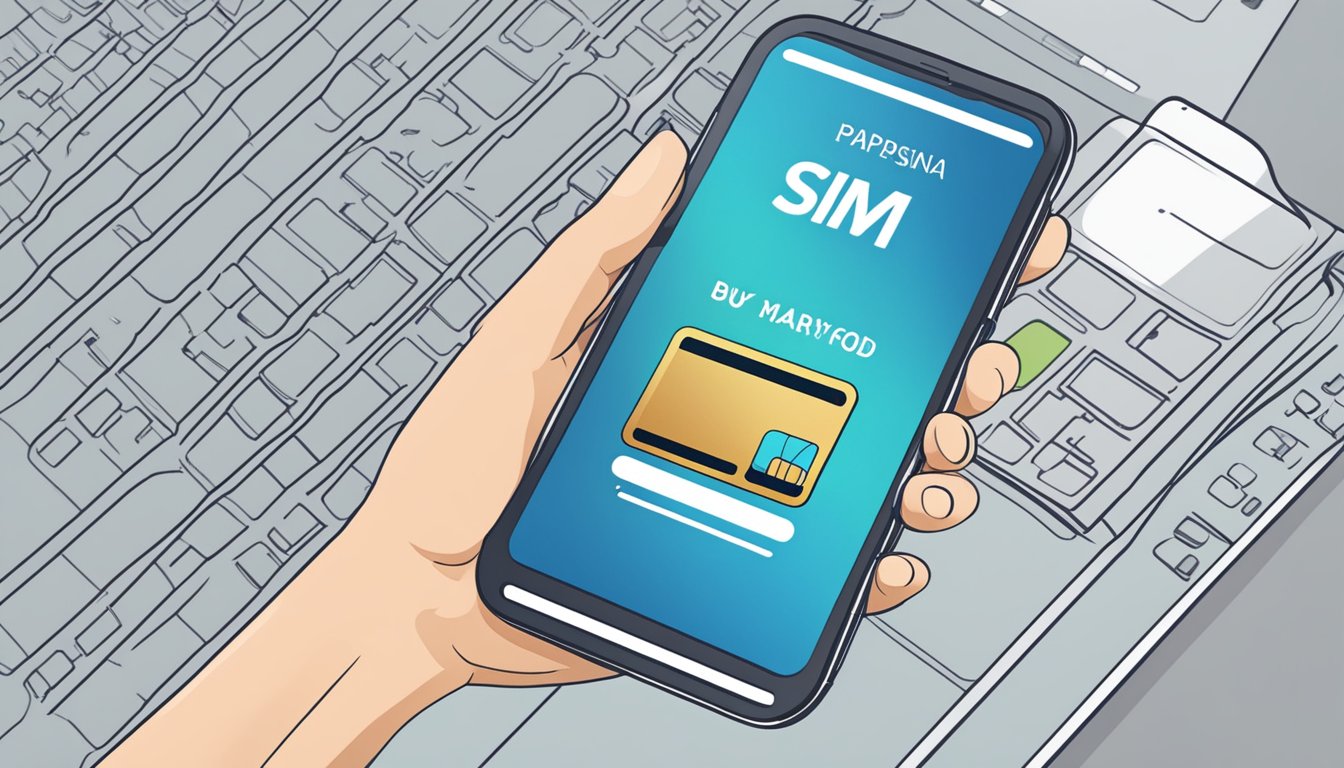 A hand holds a smartphone, tapping "buy sim card online Malaysia" on the screen. The website displays various sim card options for purchase