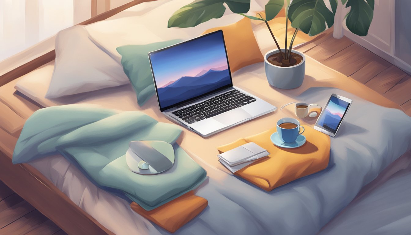 A laptop on a cozy bed, with a cup of tea and a tablet displaying a variety of sleepwear options