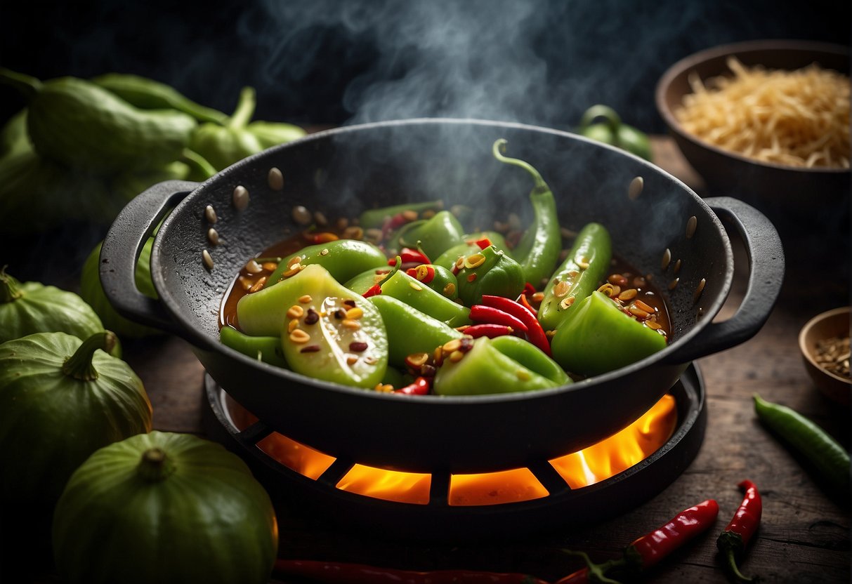 Bitter gourd sizzling in hot oil, surrounded by garlic, ginger, and chili peppers in a wok