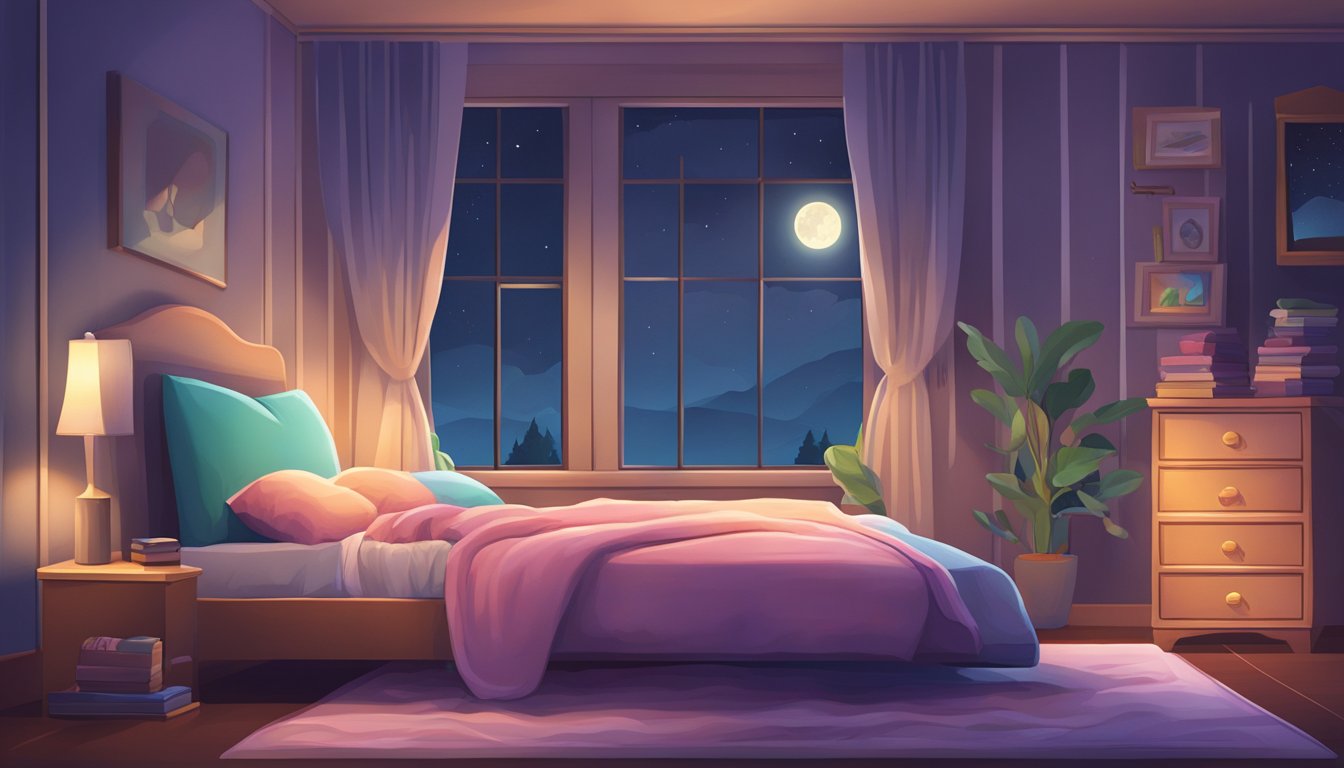 A cozy bedroom with a moonlit window, a soft bed, and a stack of colorful pajamas