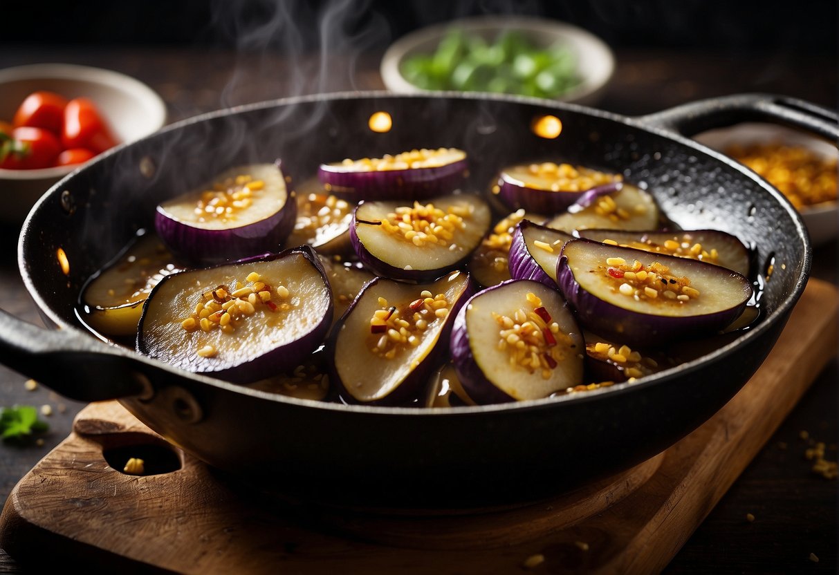 Sizzling brinjal slices in a wok with bubbling hot oil, surrounded by garlic, ginger, and chili peppers. Soy sauce and sesame oil are drizzled over the golden brown brinjal