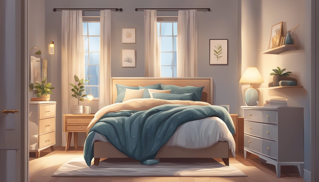 A cozy bedroom with soft lighting, a comfortable bed with plush pillows and a set of stylish sleepwear neatly displayed on a dresser