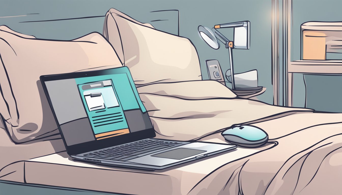 A laptop open on a bed, with a website displaying sleepwear options. A hand reaches for a mouse nearby