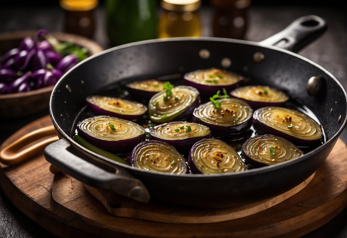 Sliced brinjal sizzling in a hot pan with oil, garlic, and soy sauce. Nearby, a bowl of alternative vegetables and seasonings