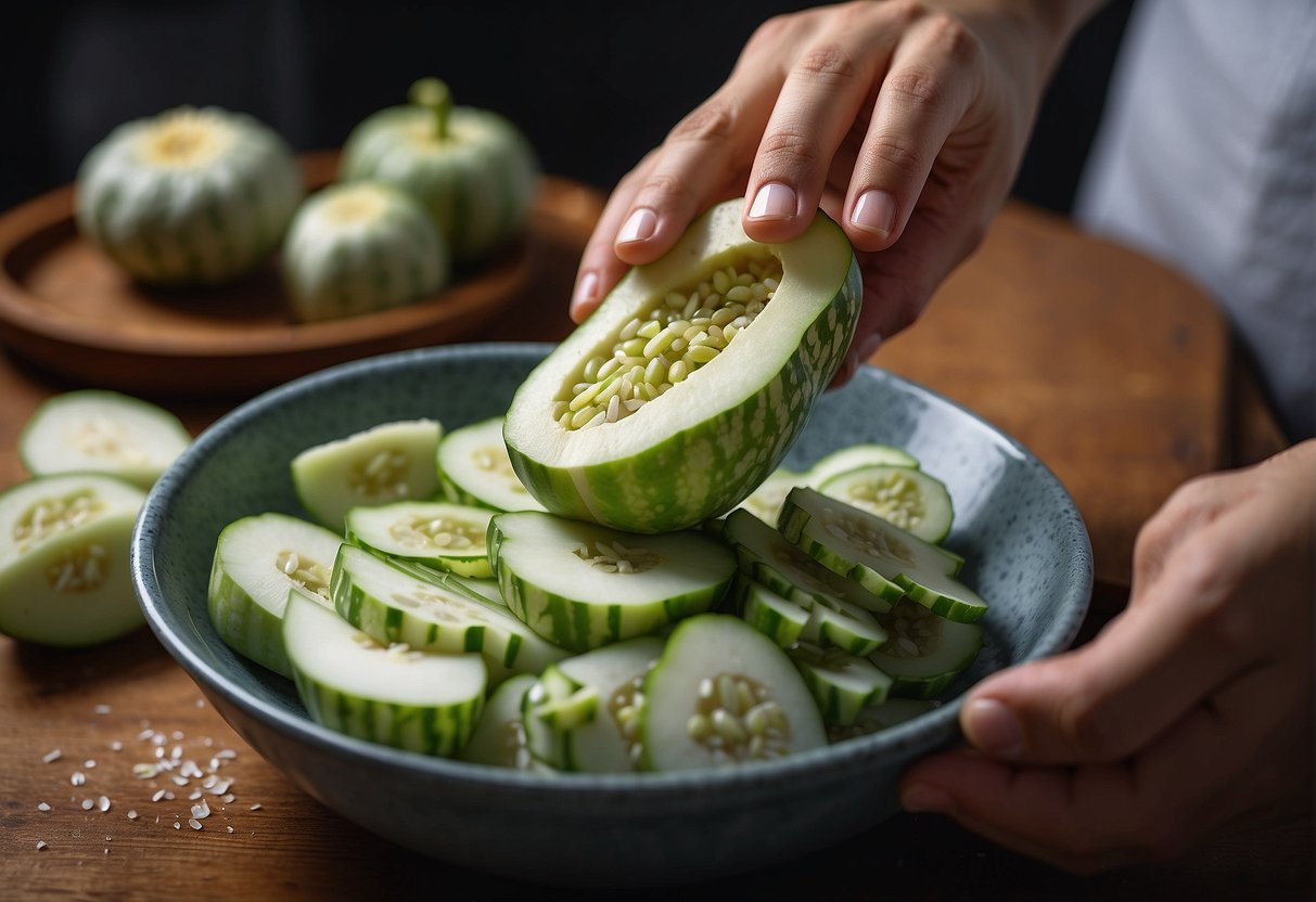 A hand holding a bitter gourd, slicing it into thin pieces. A bowl of sliced bitter gourd soaking in salt water. Ingredients laid out on a kitchen counter