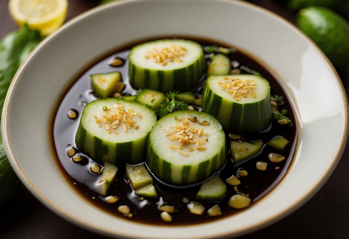 Bitter gourd slices sizzling in hot oil, surrounded by essential ingredients like soy sauce, garlic, and ginger. Possible substitutes like zucchini and eggplant nearby