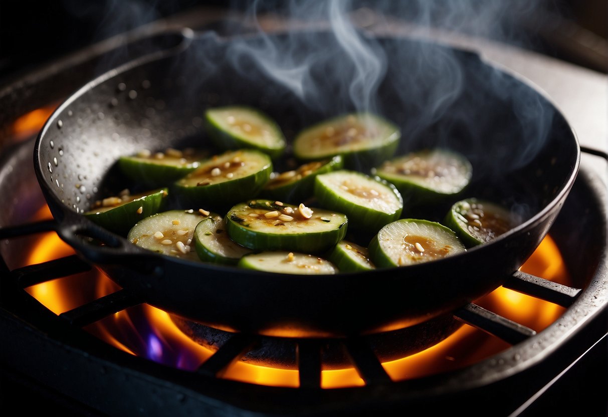 Brinjal slices sizzle in a hot wok, as steam rises from the fragrant stir-fry. Soy sauce and ginger add depth to the Chinese dish