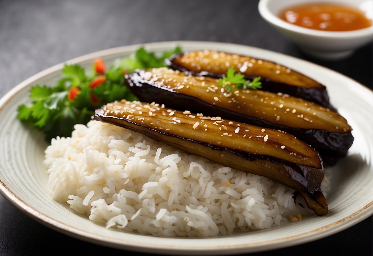 A plate of golden brown fried brinjal with a side of steamed rice and a drizzle of savory Chinese sauce