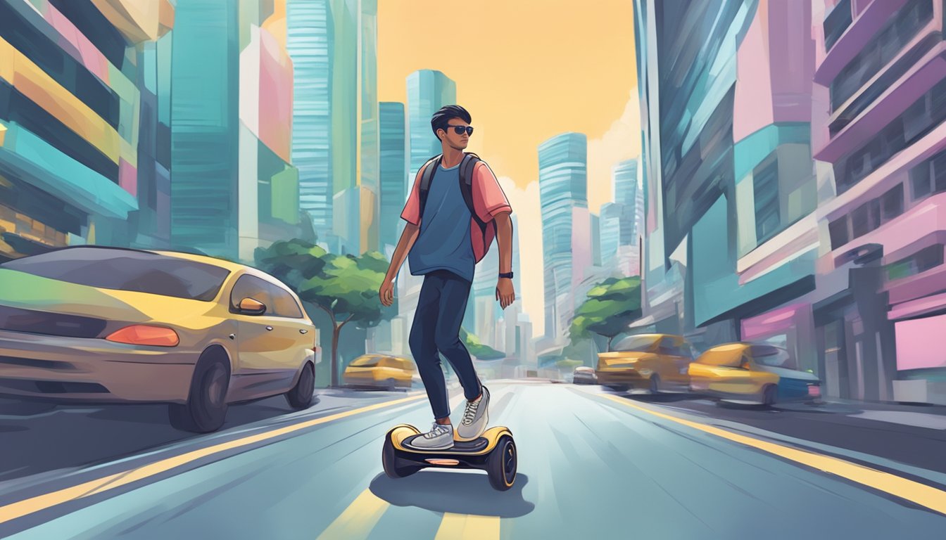 A person riding a hoverboard through the streets of Singapore. The city skyline and bustling urban environment can be seen in the background