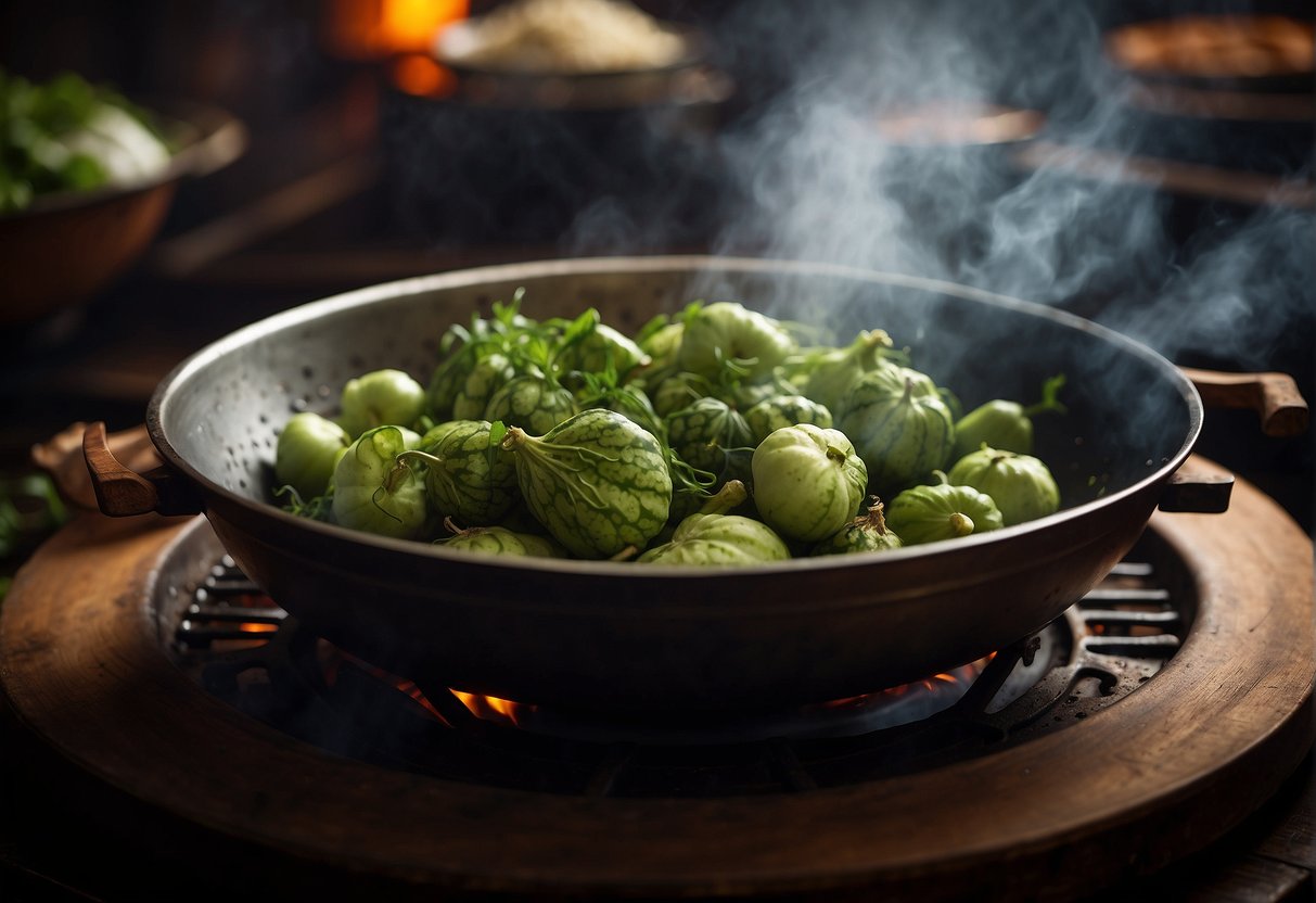 Bitter gourd sizzling in a hot wok, surrounded by vibrant Chinese spices and herbs, as steam rises and the aroma fills the air