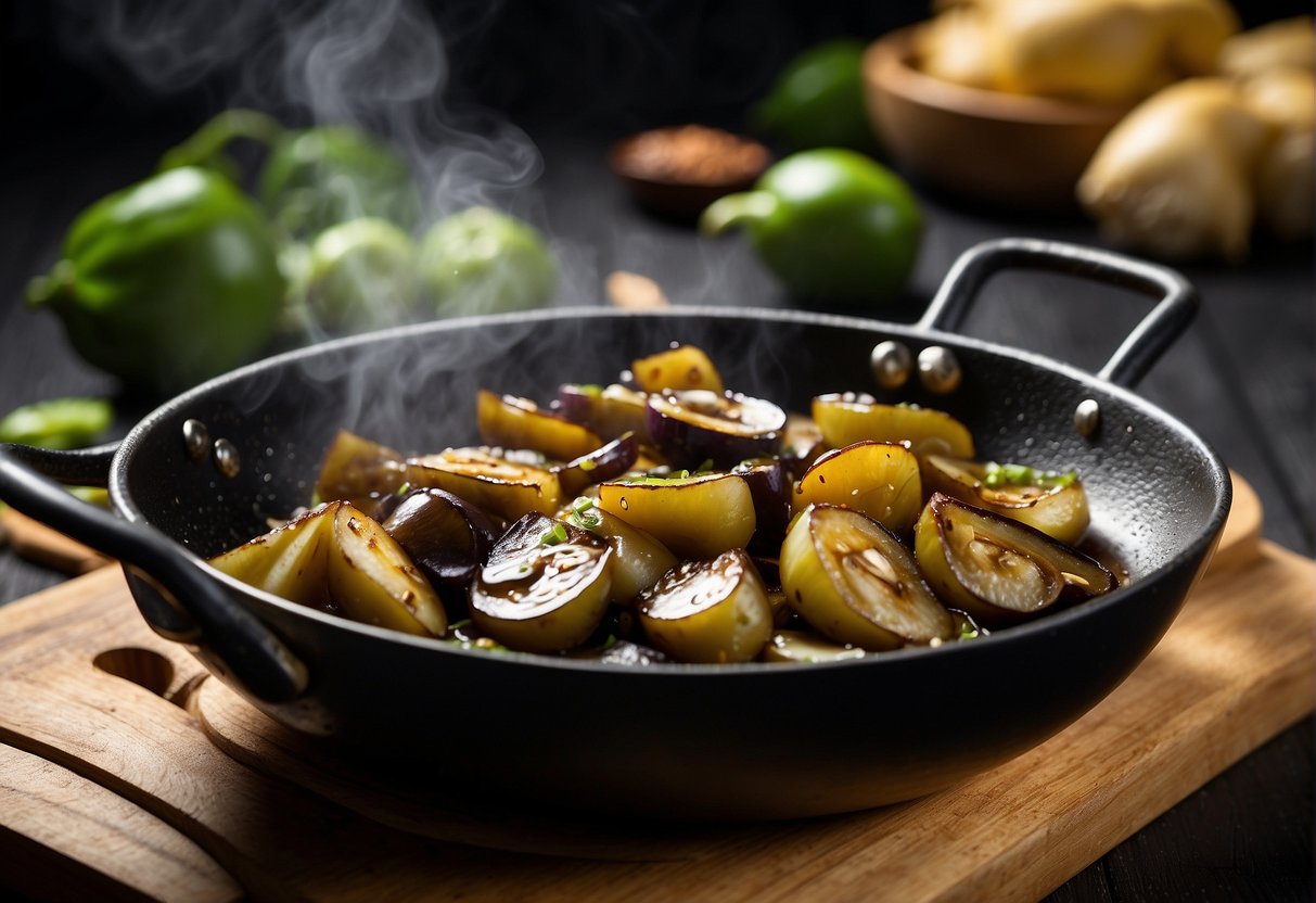 Sizzling brinjal pieces in a wok with garlic, ginger, and soy sauce, emitting a tantalizing aroma
