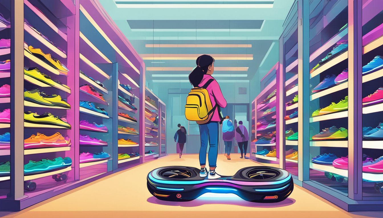 A person carefully examining a variety of hoverboards on display in a brightly lit showroom