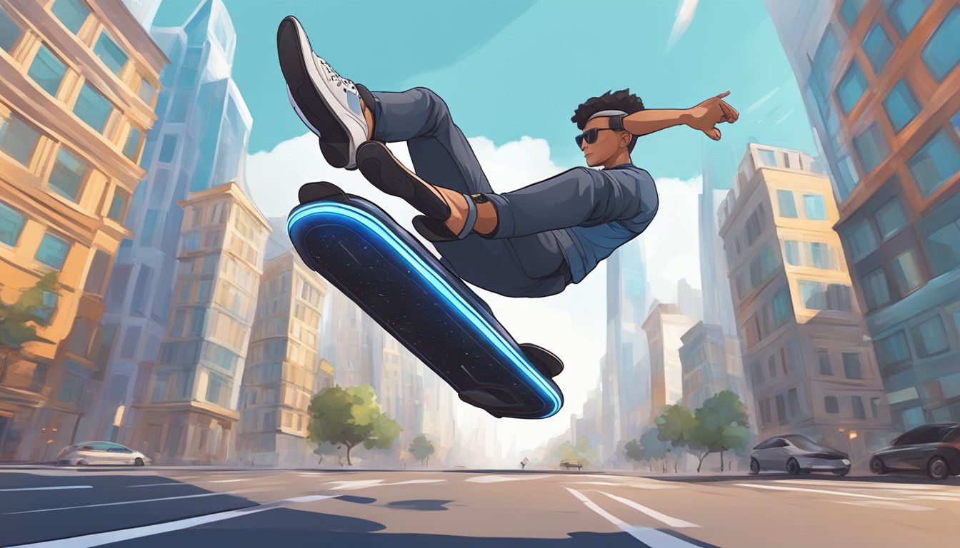 A person glides effortlessly on a sleek hoverboard through a bustling city street, with futuristic buildings and flying cars in the background