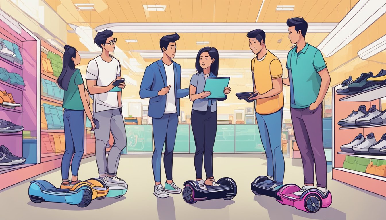 A group of people inquiring about hoverboards at a store in Singapore, with a salesperson answering their questions