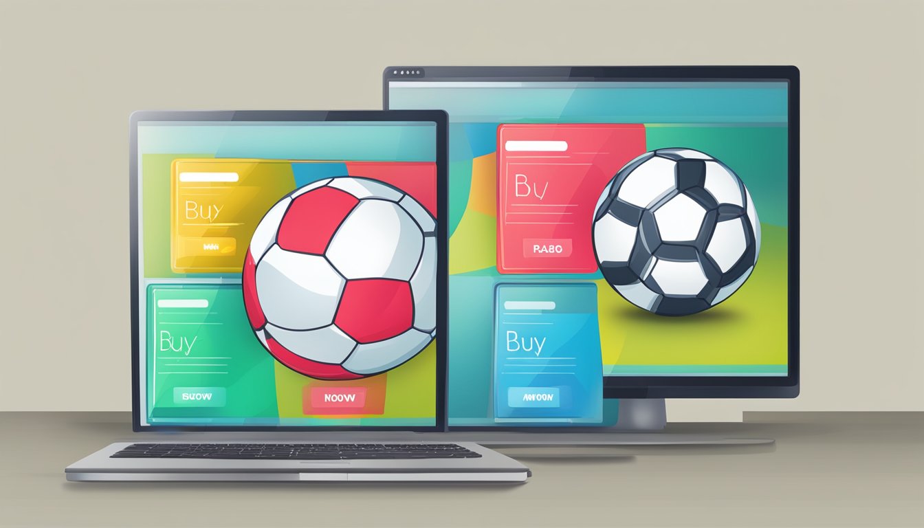Soccer balls displayed on a computer screen with a "buy now" button