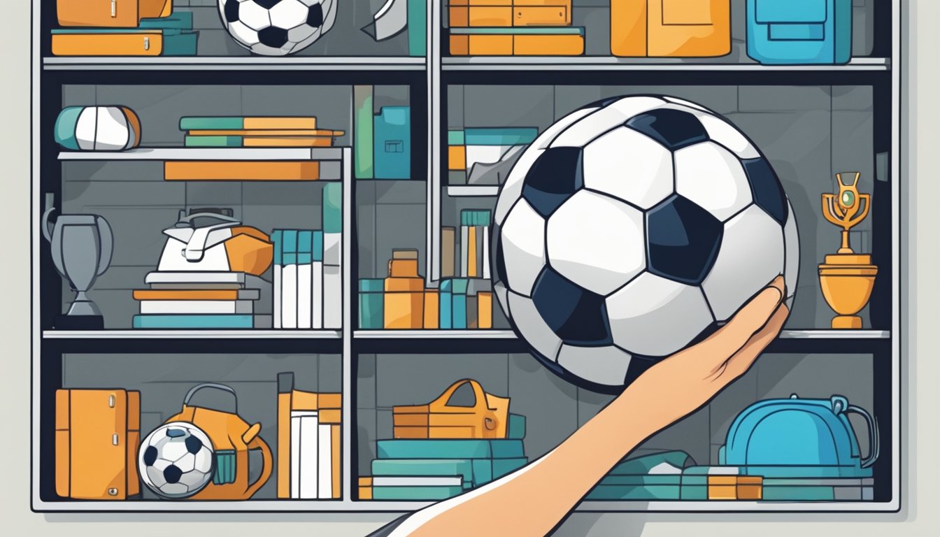 A soccer ball surrounded by various options on a shelf, with a hand reaching out to pick the right one