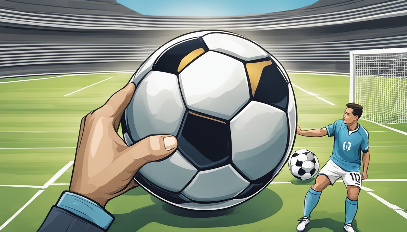 A hand reaches out to click "buy" on a soccer ball website. Later, the ball is gently inflated and placed in a clean, dry storage area