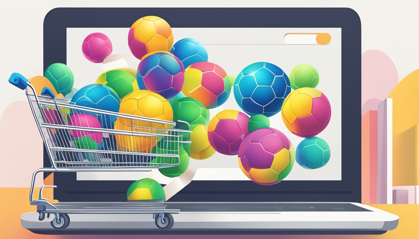 Soccer balls rolling into a virtual shopping cart, surrounded by a variety of options and a "Frequently Asked Questions" section on the website
