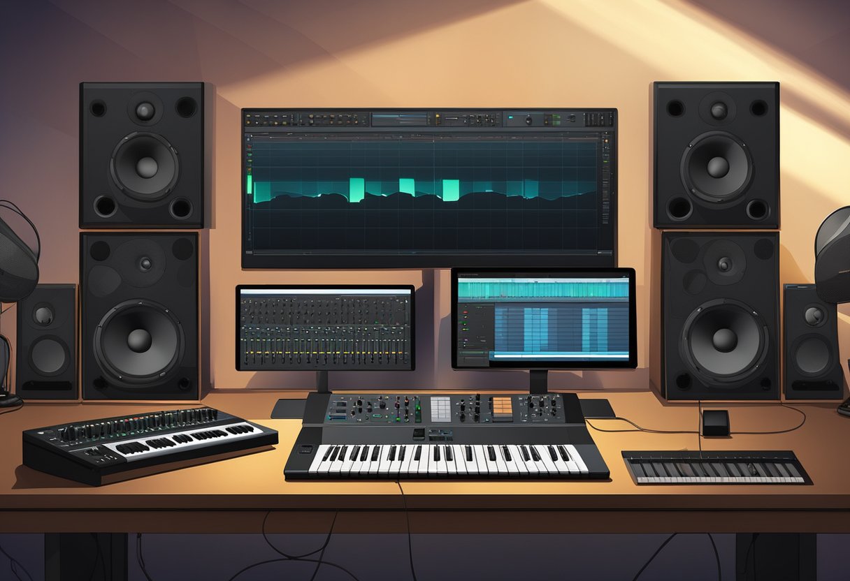 A soundboard with various knobs and sliders, a computer with mixing software, and a pair of studio monitors on a desk in a dimly lit room