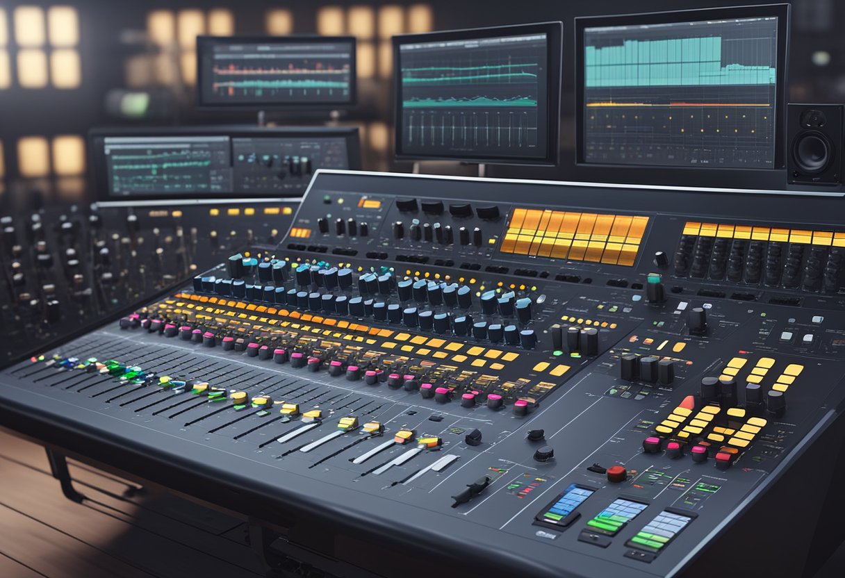 A mixing console with various knobs and sliders, surrounded by audio equipment and computer screens displaying waveforms and sound levels