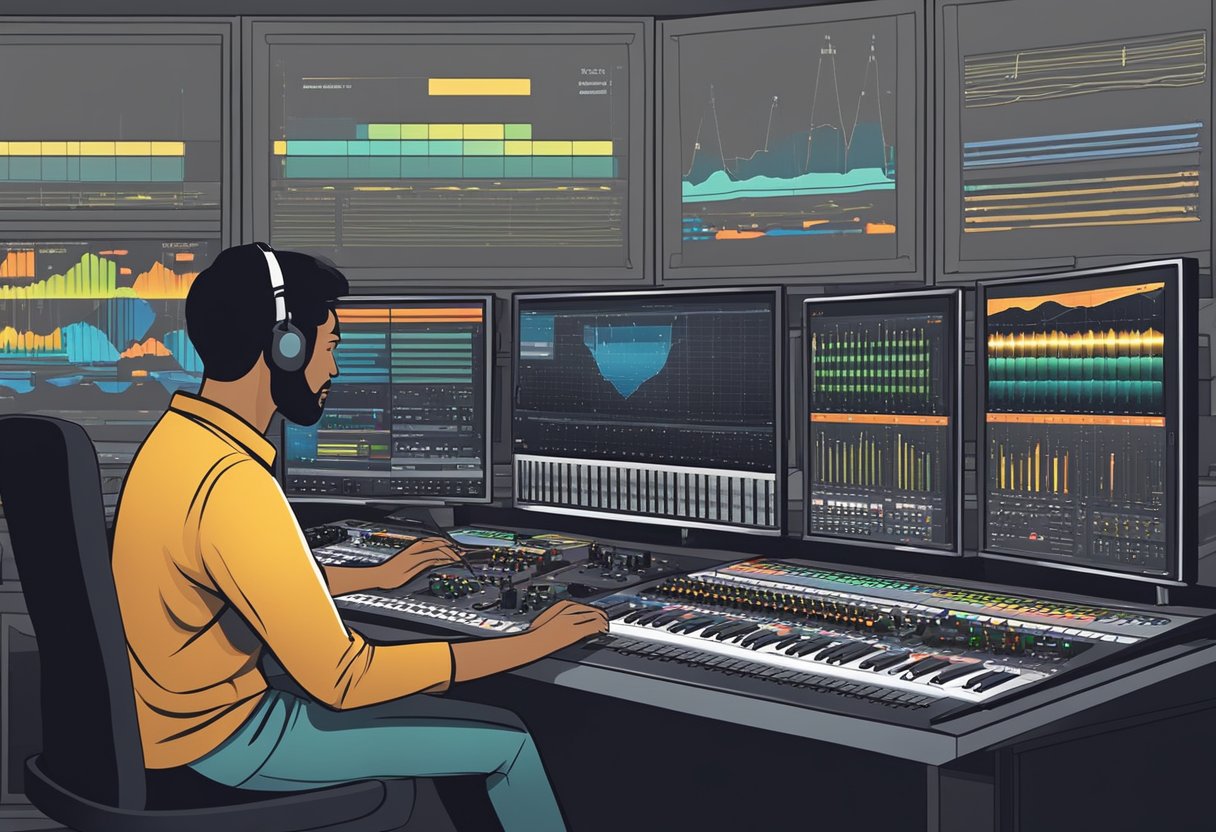 A sound engineer adjusts levels on a mixing board, surrounded by various audio equipment and computer screens displaying waveforms and sound levels