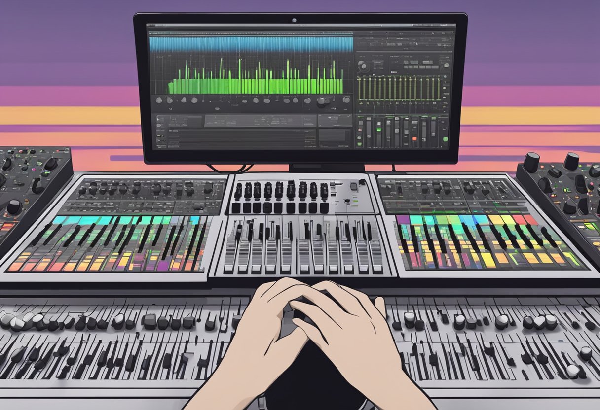 A music producer adjusts knobs on a sound mixing board while a computer screen displays audio waveforms