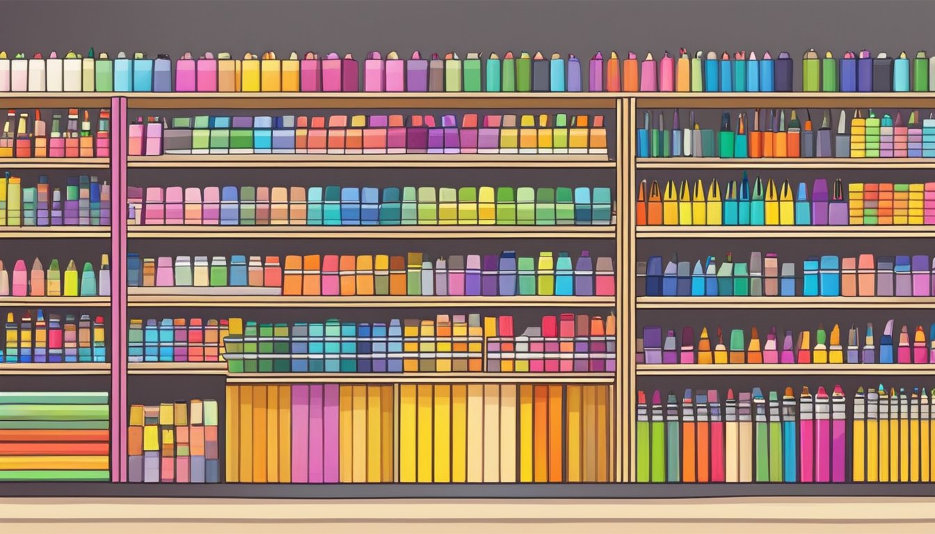 A colorful display of pens, notebooks, and art supplies arranged neatly on shelves in a bright and inviting stationery store in Singapore