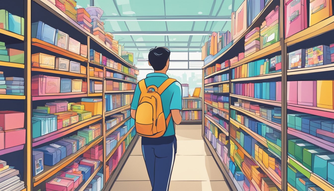 A person explores vibrant stationery shops in Singapore, browsing colorful notebooks, pens, and paper products. Shelves are neatly organized, with a variety of stationery items on display