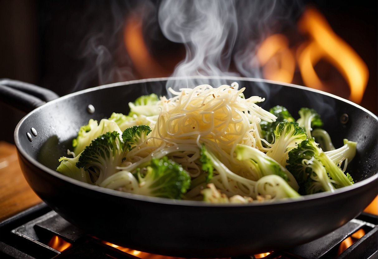 A wok sizzles with stir-fried cabbage, garlic, and soy sauce. Steam rises as the cabbage softens and caramelizes, creating a savory aroma