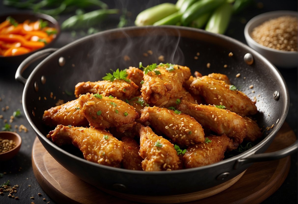 Golden crispy chicken wings sizzling in a wok, surrounded by aromatic spices and herbs, with a hint of soy sauce and chili peppers