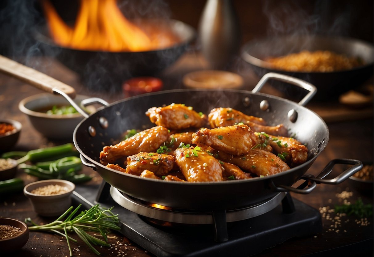 Golden brown chicken wings sizzling in a wok with aromatic Chinese spices and herbs