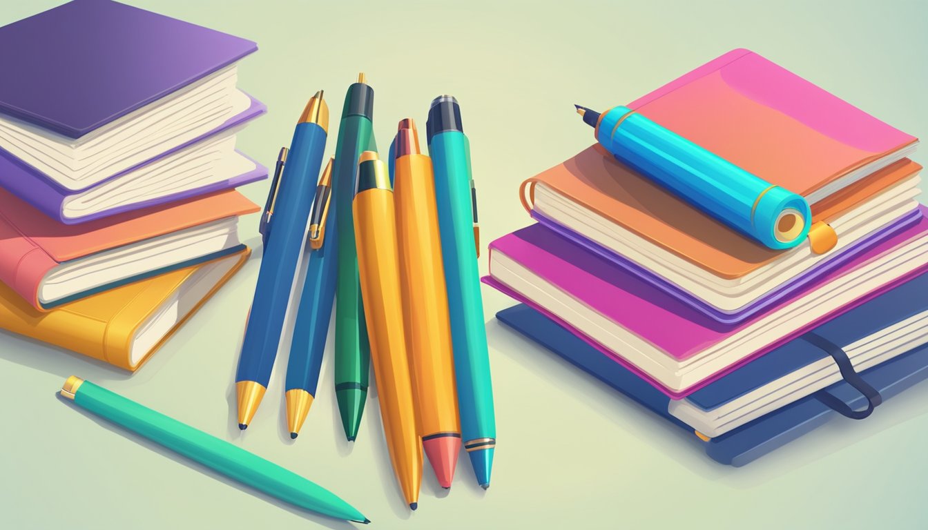 A stack of colorful notebooks and pens on a clean, organized desk with a "Frequently Asked Questions" sign in the background