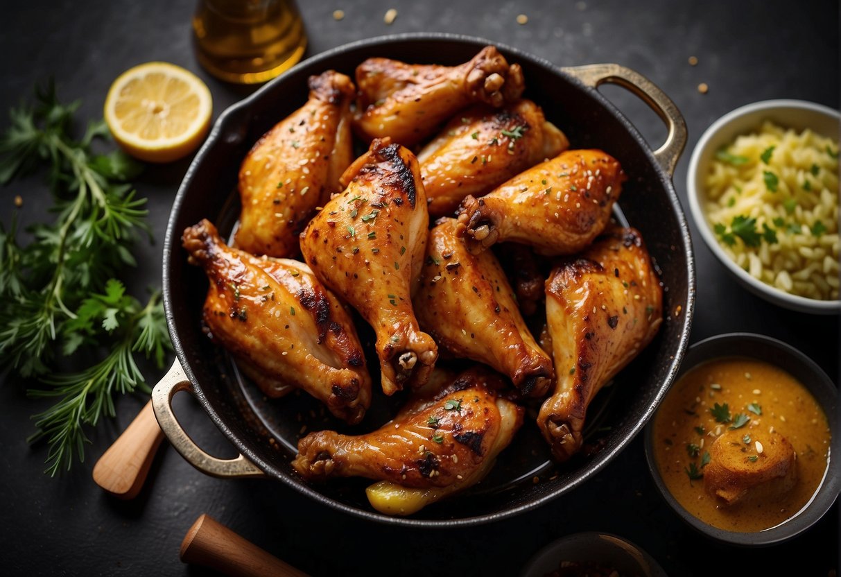 Golden brown chicken wings sizzling in hot oil, surrounded by aromatic spices and herbs