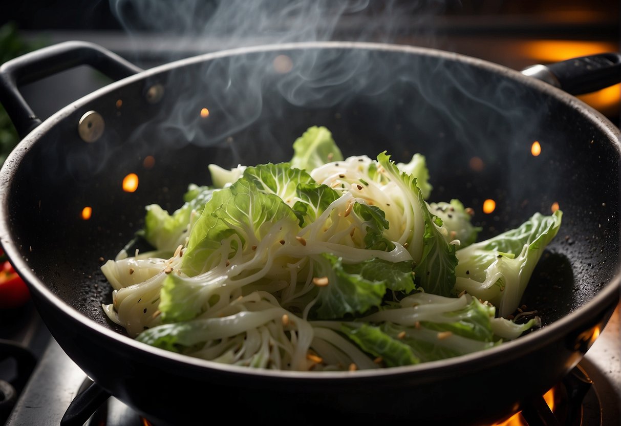 Sizzling cabbage in hot wok, with garlic, ginger, soy sauce, and sesame oil. Smoke rising, aroma filling the kitchen