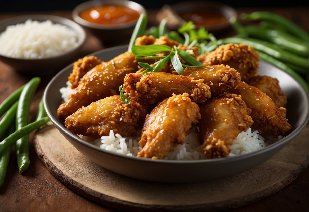 Golden fried chicken wings surrounded by steaming white rice, crisp green beans, and a side of tangy sweet and sour sauce