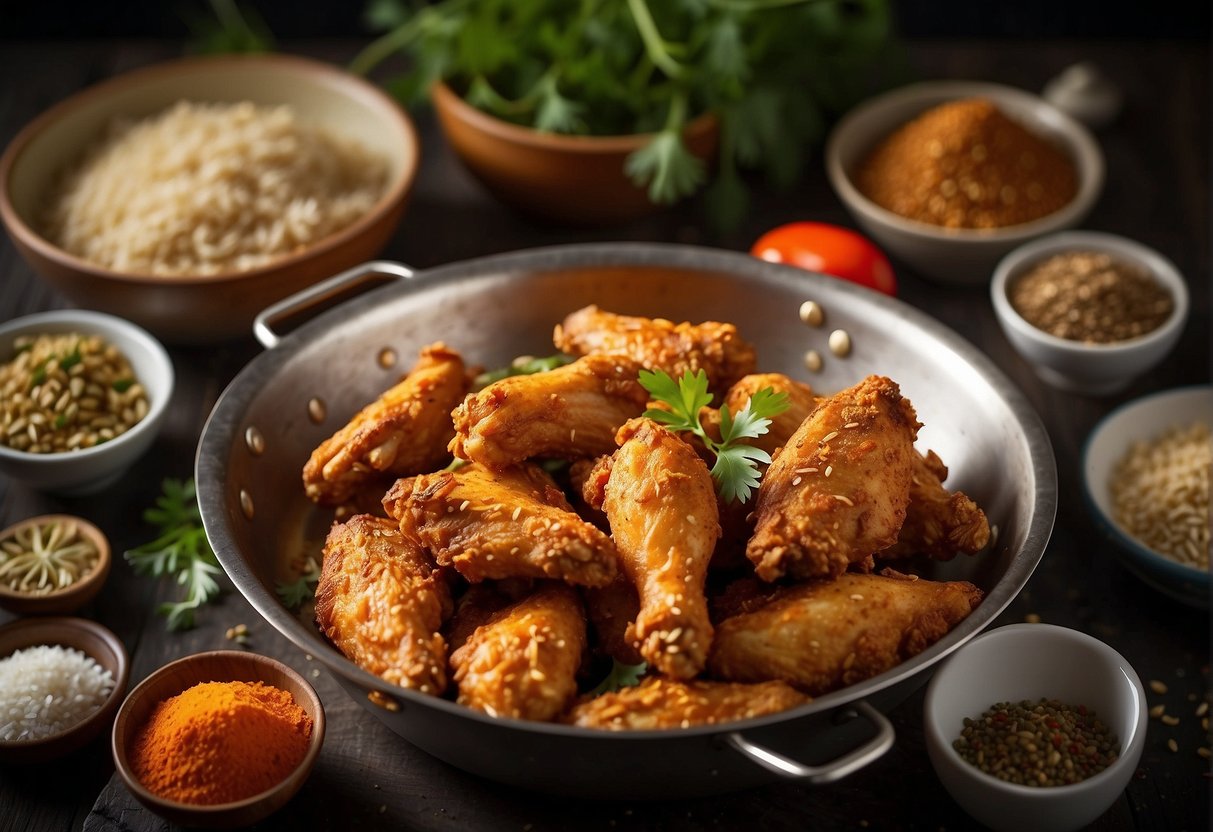 Golden fried chicken wings sizzling in a wok, surrounded by aromatic Chinese spices and herbs. A steaming plate awaits the crispy delights