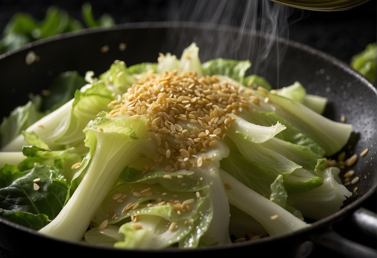 Sliced cabbage sizzling in hot oil with garlic and ginger, soy sauce being drizzled in, and a sprinkle of sesame seeds added