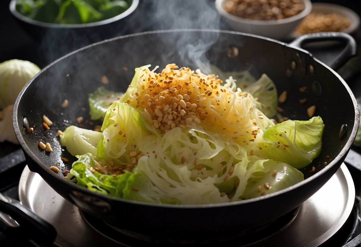 Cabbage sizzling in hot oil, garlic and ginger added, steam rising, soy sauce drizzled, and tossing in a wok