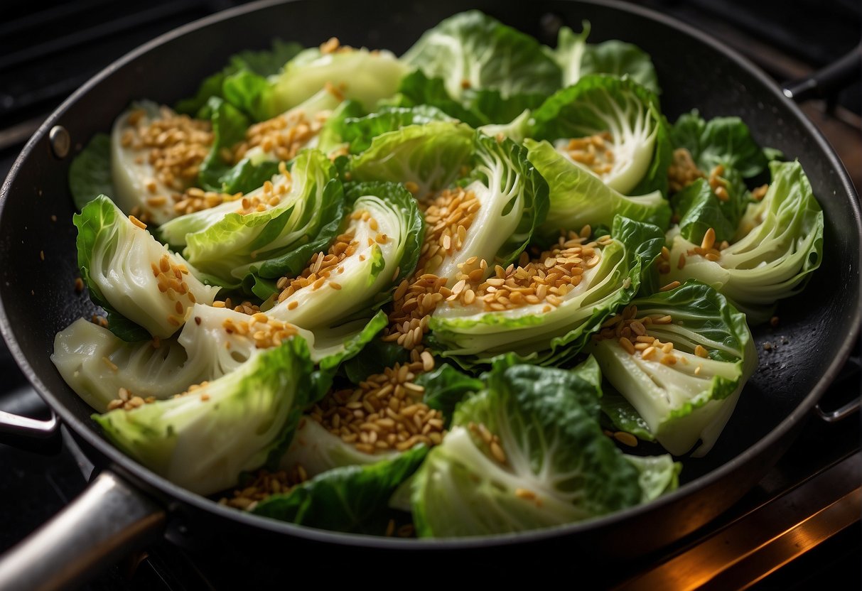Sizzling cabbage stir-frying in a wok with soy sauce, garlic, and ginger, emitting a savory aroma