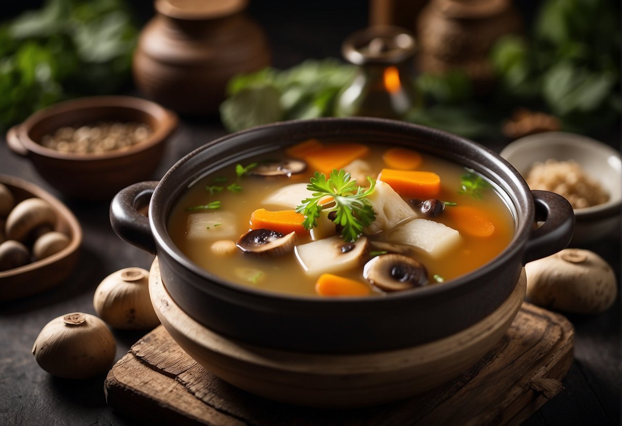A pot of simmering Chinese burdock soup with sliced burdock, carrots, and mushrooms, surrounded by traditional Chinese herbs and spices