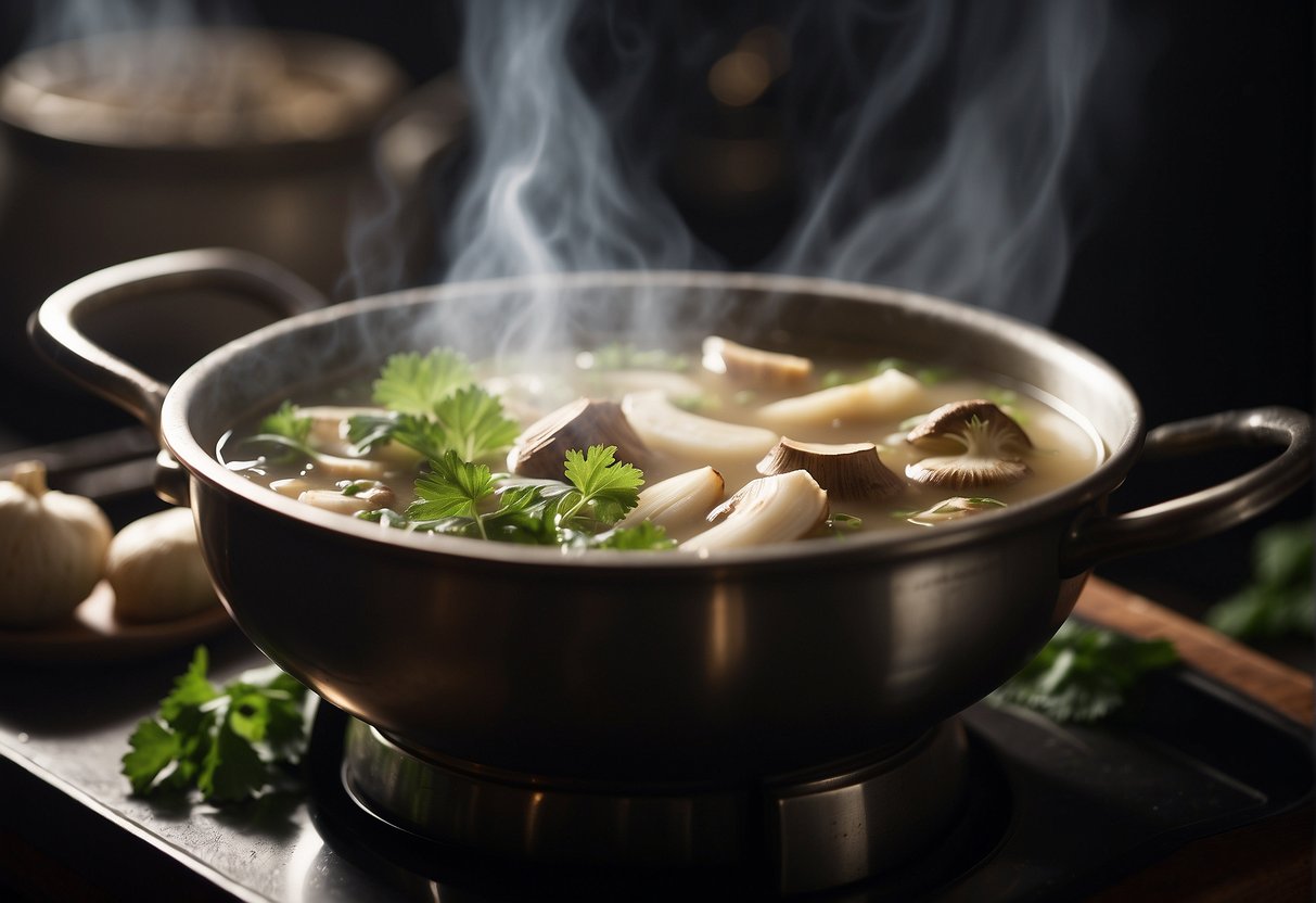 A steaming pot of Chinese burdock soup simmers on a stove, filled with sliced burdock root, mushrooms, and fragrant herbs, symbolizing health and prosperity